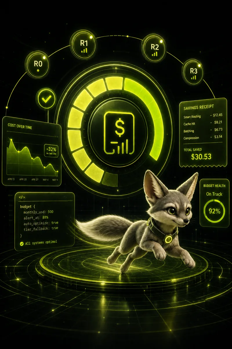 BudgetAI command center with budget meter, savings receipt, tier nodes R0–R3, and SwiftFox